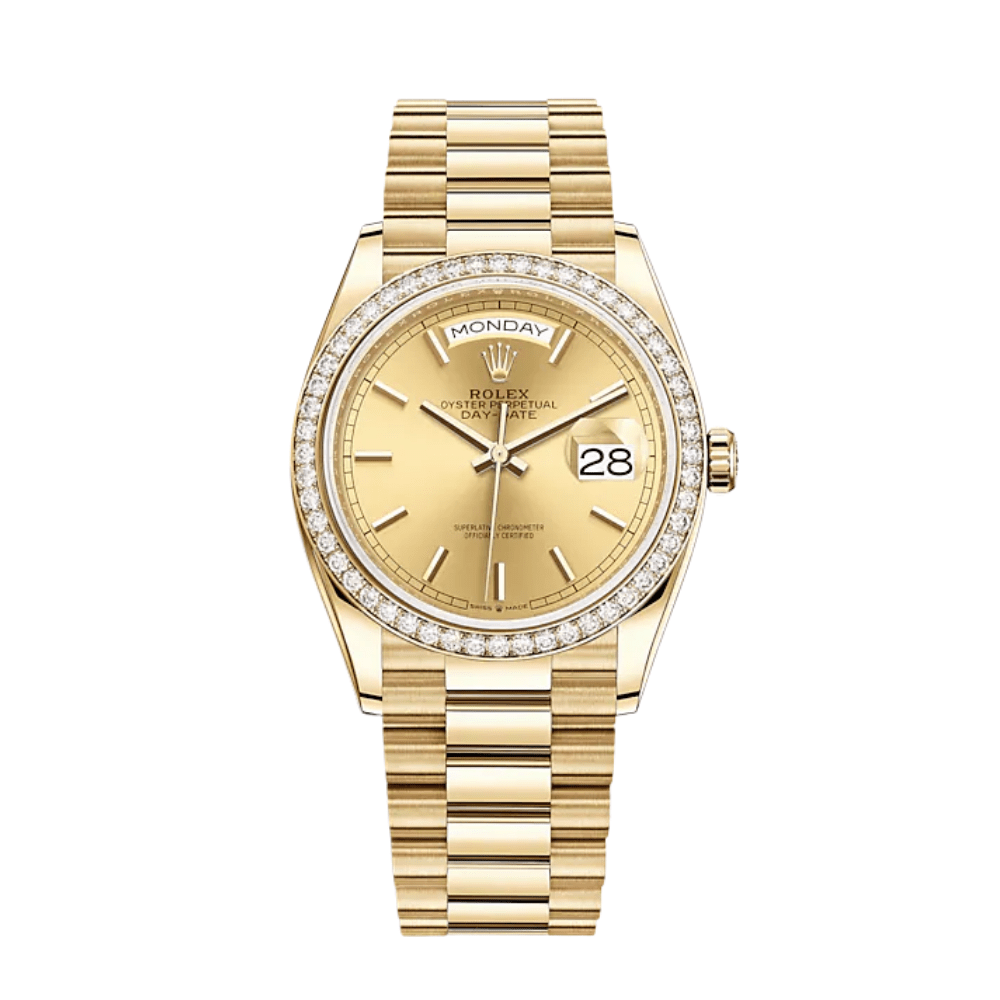 Rolex Day-Date 36 128348RBR Yellow Gold Diamond Bezel Champagne Dial