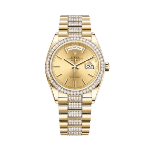 Rolex Day-Date 36 128348RBR Yellow Gold Diamond Bezel Champagne Dial