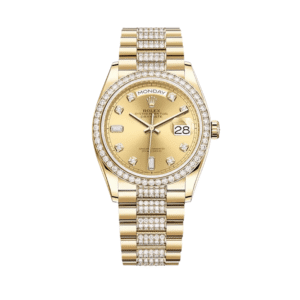 Rolex Day-Date 36 128348RBR Yellow Gold Champagne Diamond Dial Diamond Bezel President