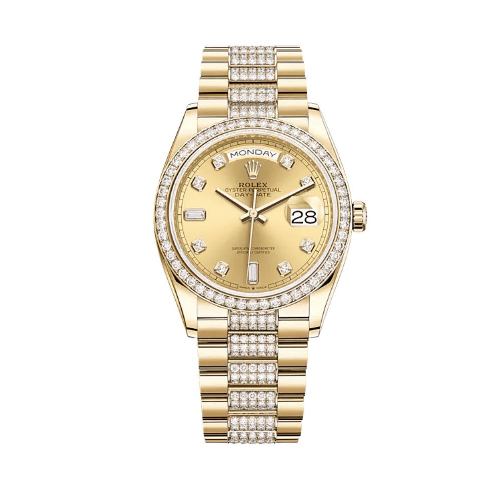 Rolex Day-Date 36 128348RBR Yellow Gold Champagne Diamond Dial Diamond Bezel President