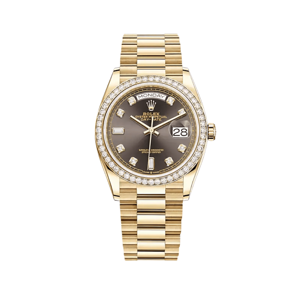 Rolex Day-Date 36 128348RBR Yellow Gold Diamond Bezel Grey Diamond Dial