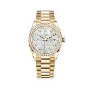 Rolex Day-Date 36 128348RBR Yellow Gold White Mother of Pearl Diamond Dial Diamond Bezel President
