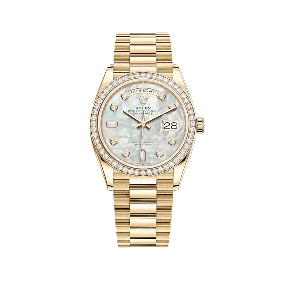 Rolex Day-Date 36 128348RBR Yellow Gold White Mother of Pearl Diamond Dial Diamond Bezel President