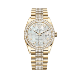 Rolex Day-Date 36 128348RBR 128348RBR Yellow Gold White Mother of Pearl Diamond Dial Diamond Bezel President
