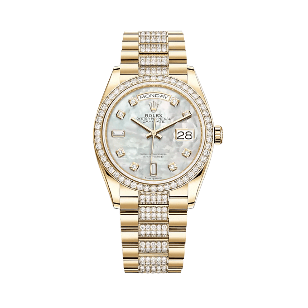 Rolex Day-Date 36 128348RBR 128348RBR Yellow Gold White Mother of Pearl Diamond Dial Diamond Bezel President