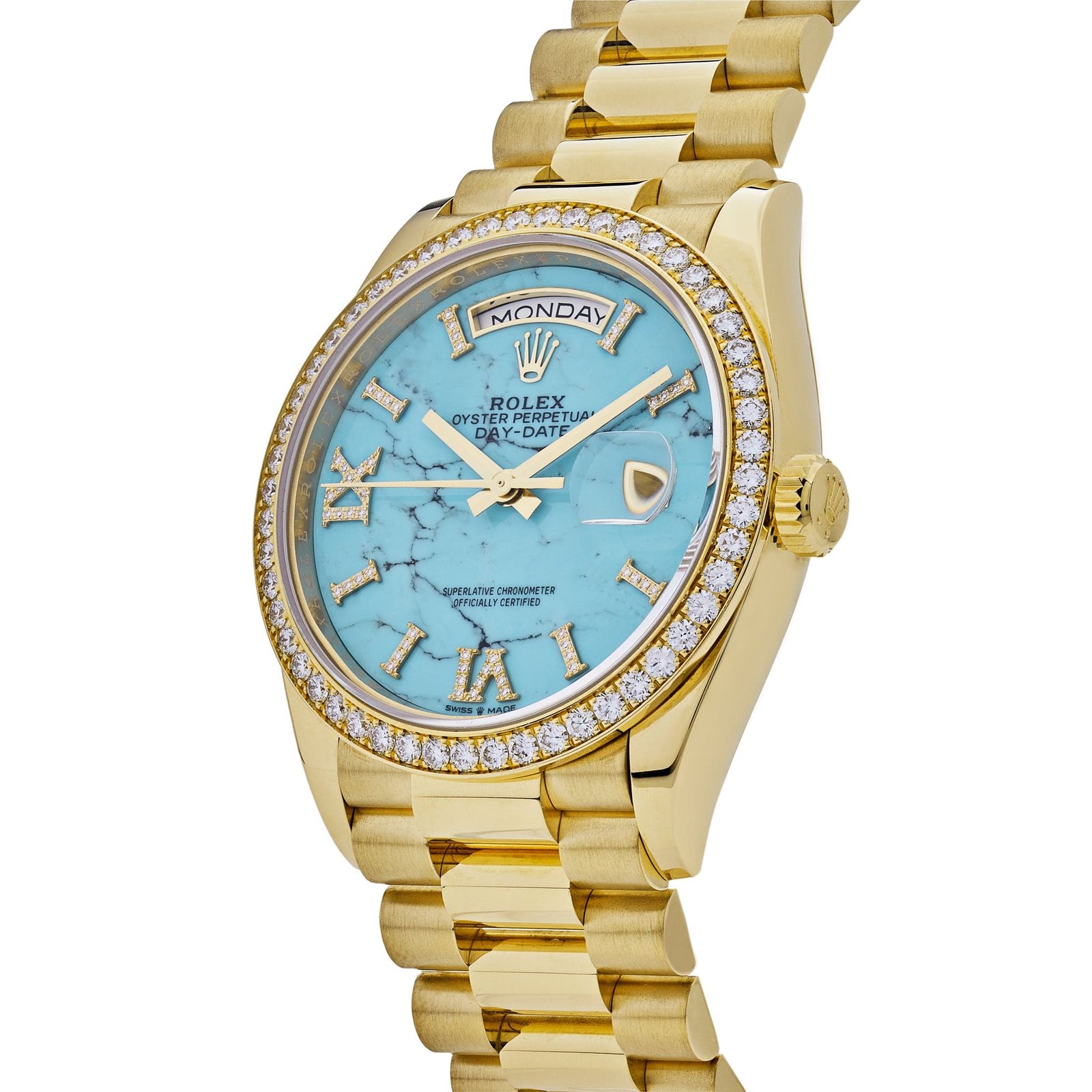 Rolex Day-Date 36 128348RBR Yellow Gold Diamond Bezel Turquoise Stone Diamond Dial - Image 3