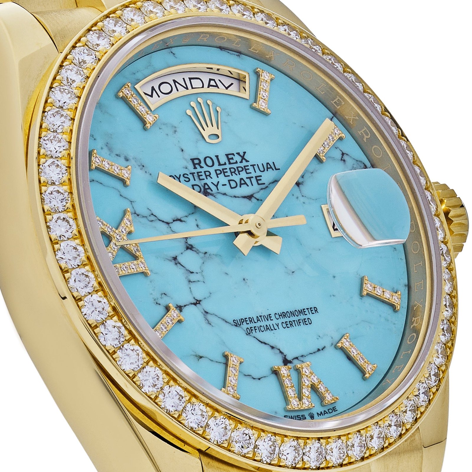 Rolex Day-Date 36 128348RBR Yellow Gold Diamond Bezel Turquoise Stone Diamond Dial - Image 4