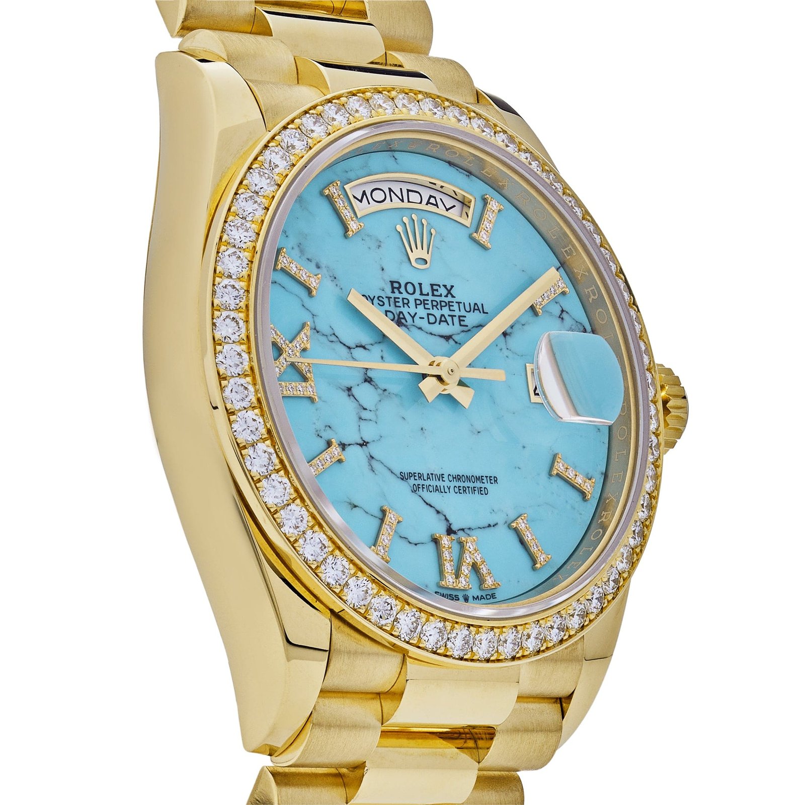 Rolex Day-Date 36 128348RBR Yellow Gold Diamond Bezel Turquoise Stone Diamond Dial - Image 5