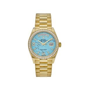 Rolex Day-Date 36 128348RBR Yellow Gold Diamond Bezel Turquoise Stone Diamond Dial