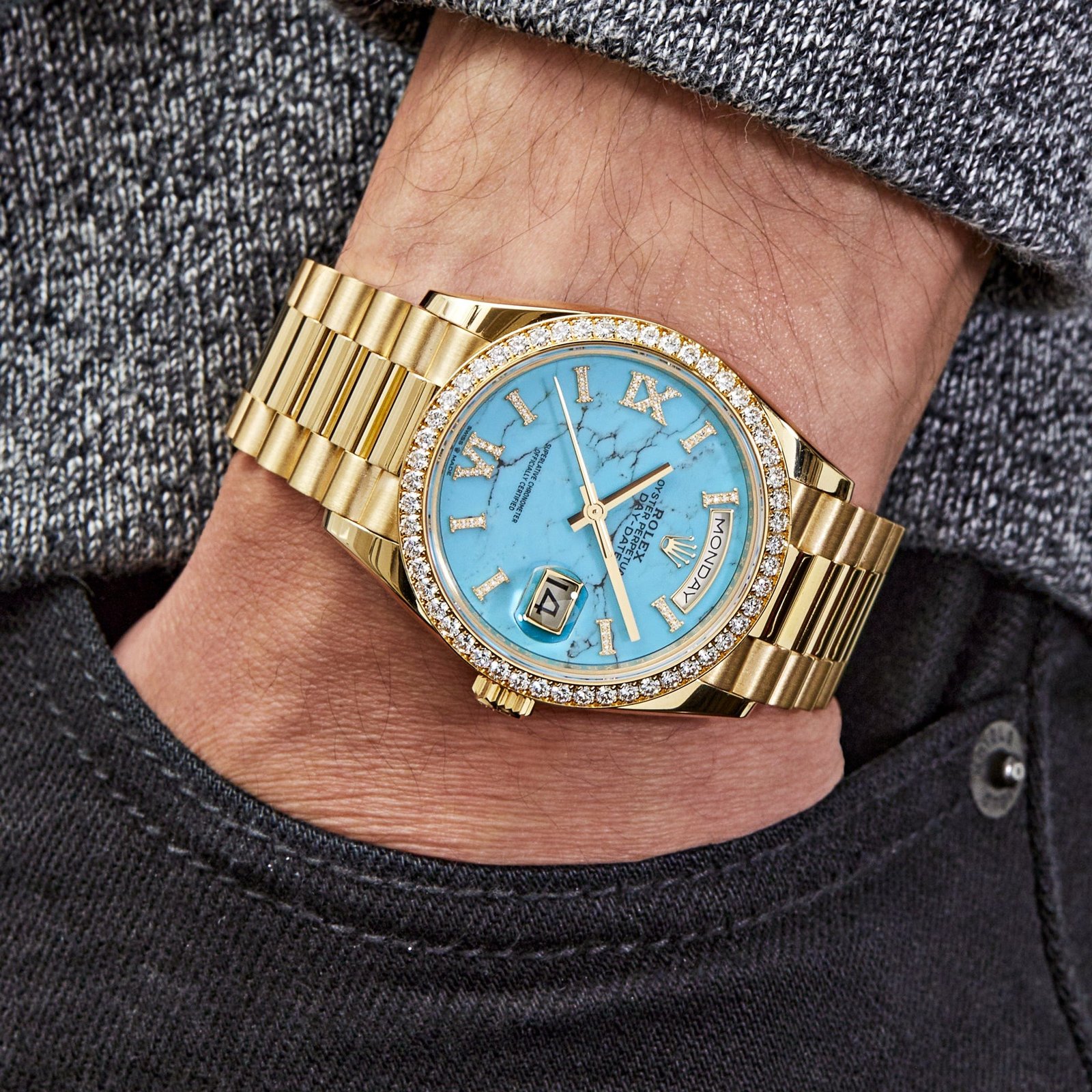 Rolex Day-Date 36 128348RBR Yellow Gold Diamond Bezel Turquoise Stone Diamond Dial - Image 2