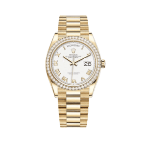 Rolex Day-Date 36 128348RBR Yellow Gold White Dial Diamond Bezel President