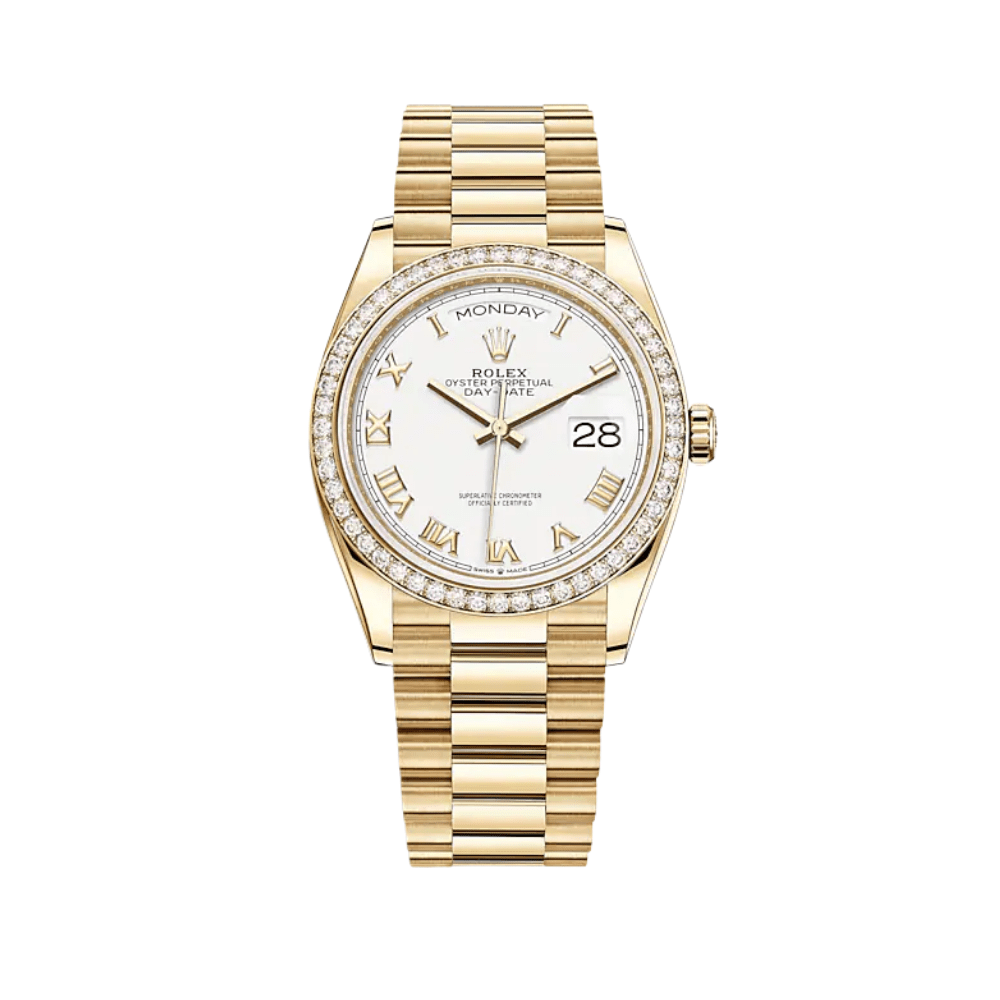 Rolex Day-Date 36 128348RBR Yellow Gold White Dial Diamond Bezel President
