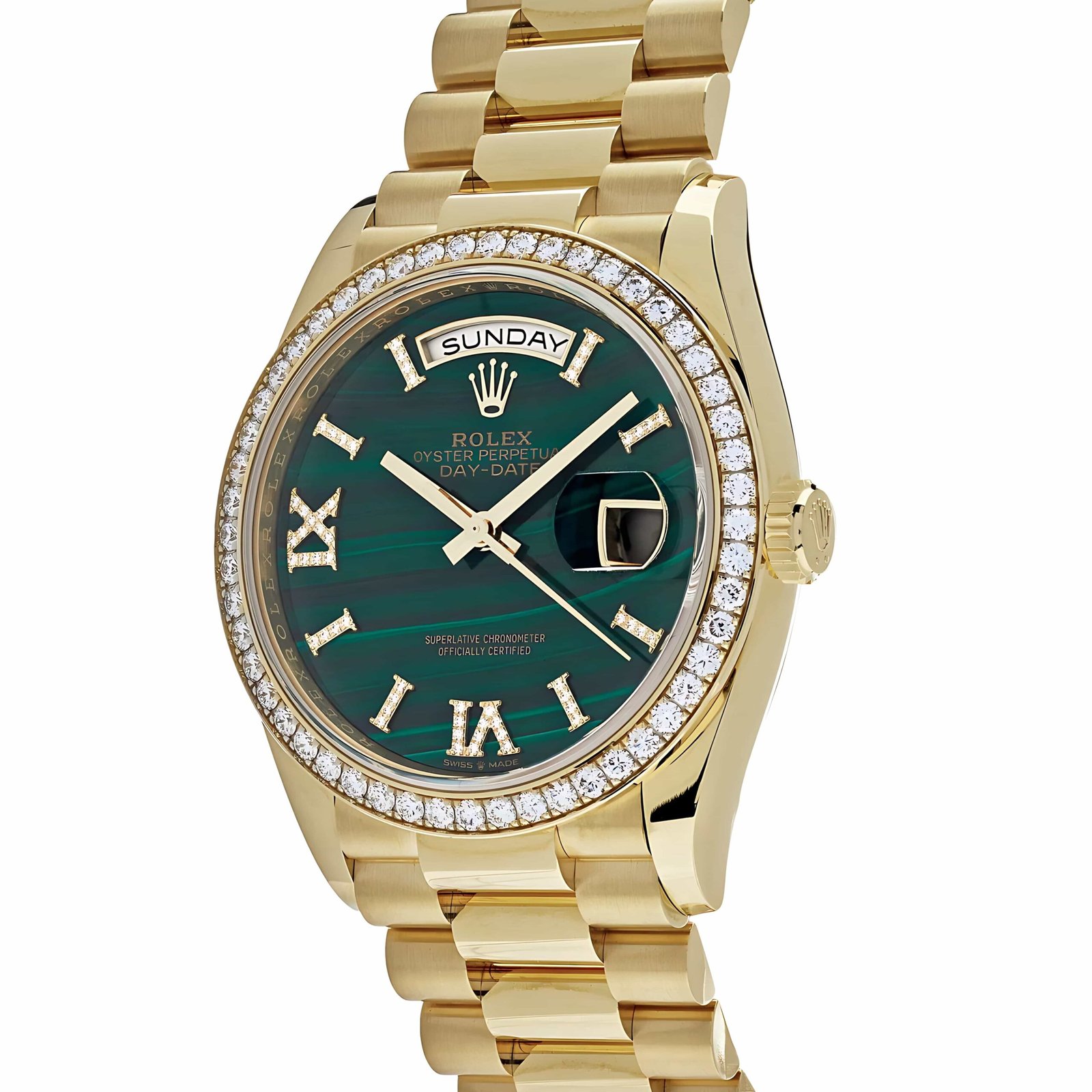 Rolex Day-Date 36 128348RBR Yellow Gold Green Malachite Dial Diamond Bezel - Image 2