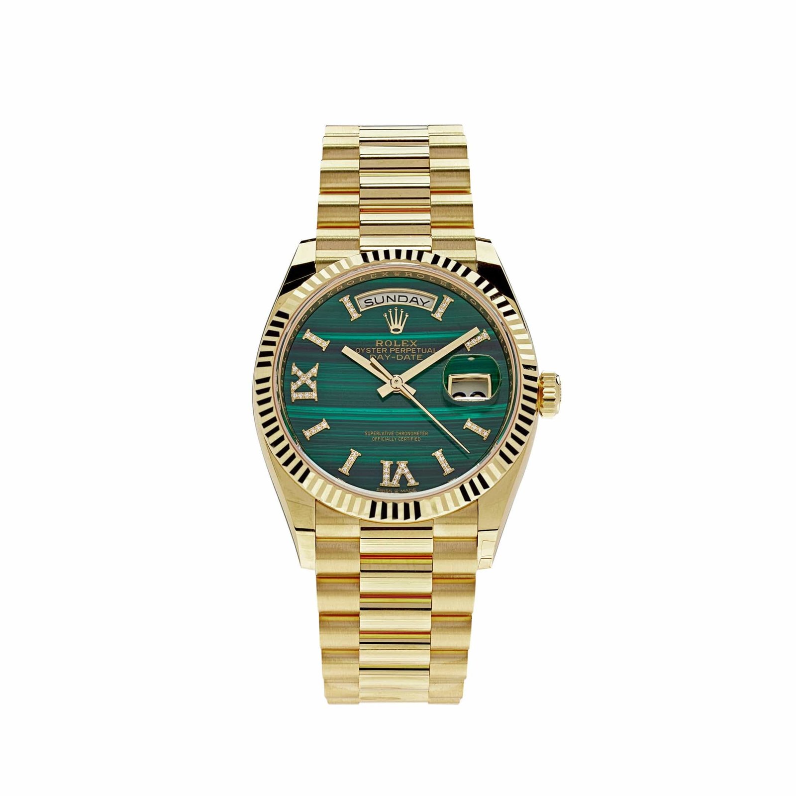 Rolex Day-Date 36 128238 Yellow Gold Green Malachite Roman Diamond Dial