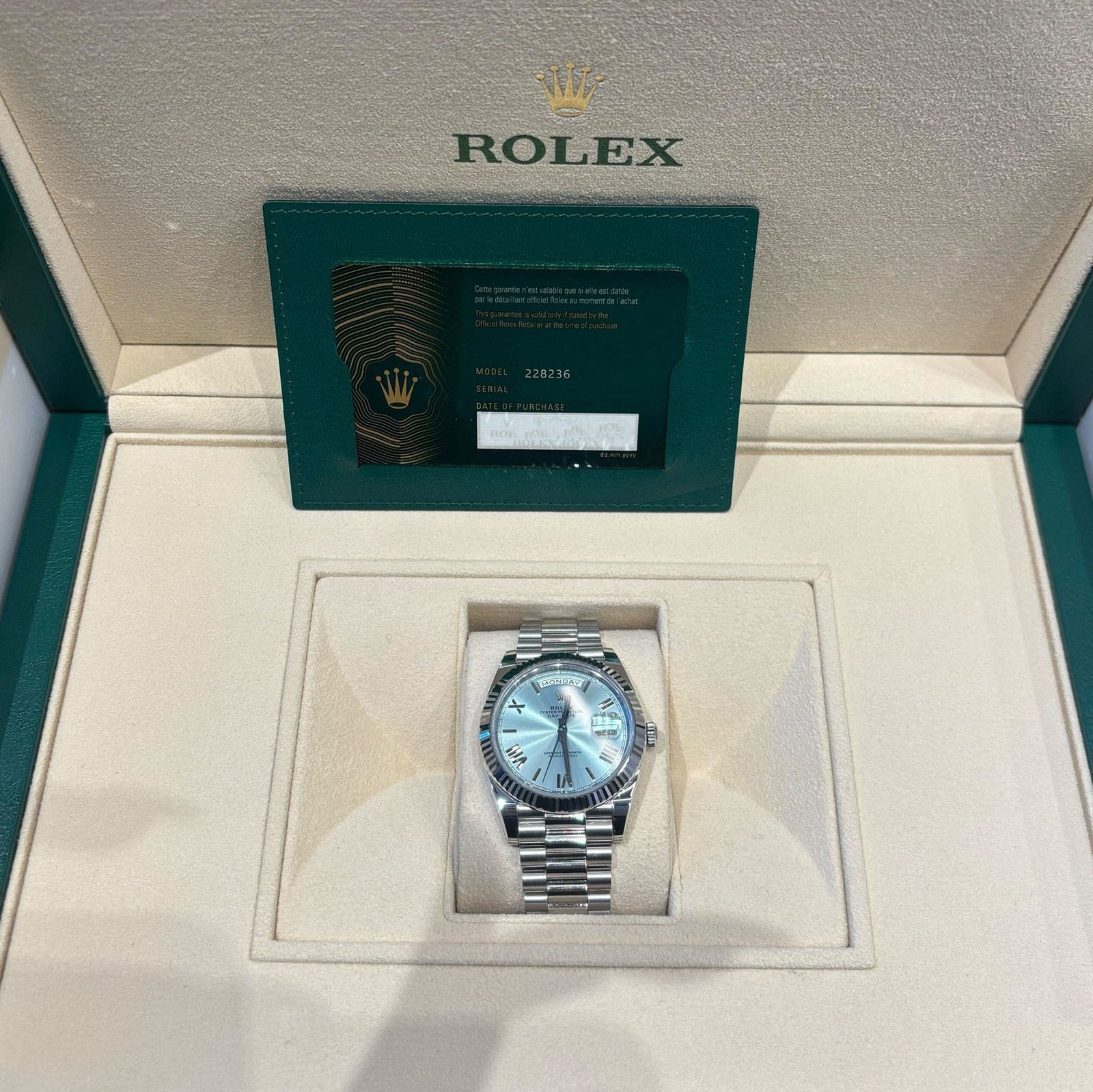 Rolex Day-Date 40 228236 Platinum Ice Blue Roman Numerals Dial (2025) - Image 10