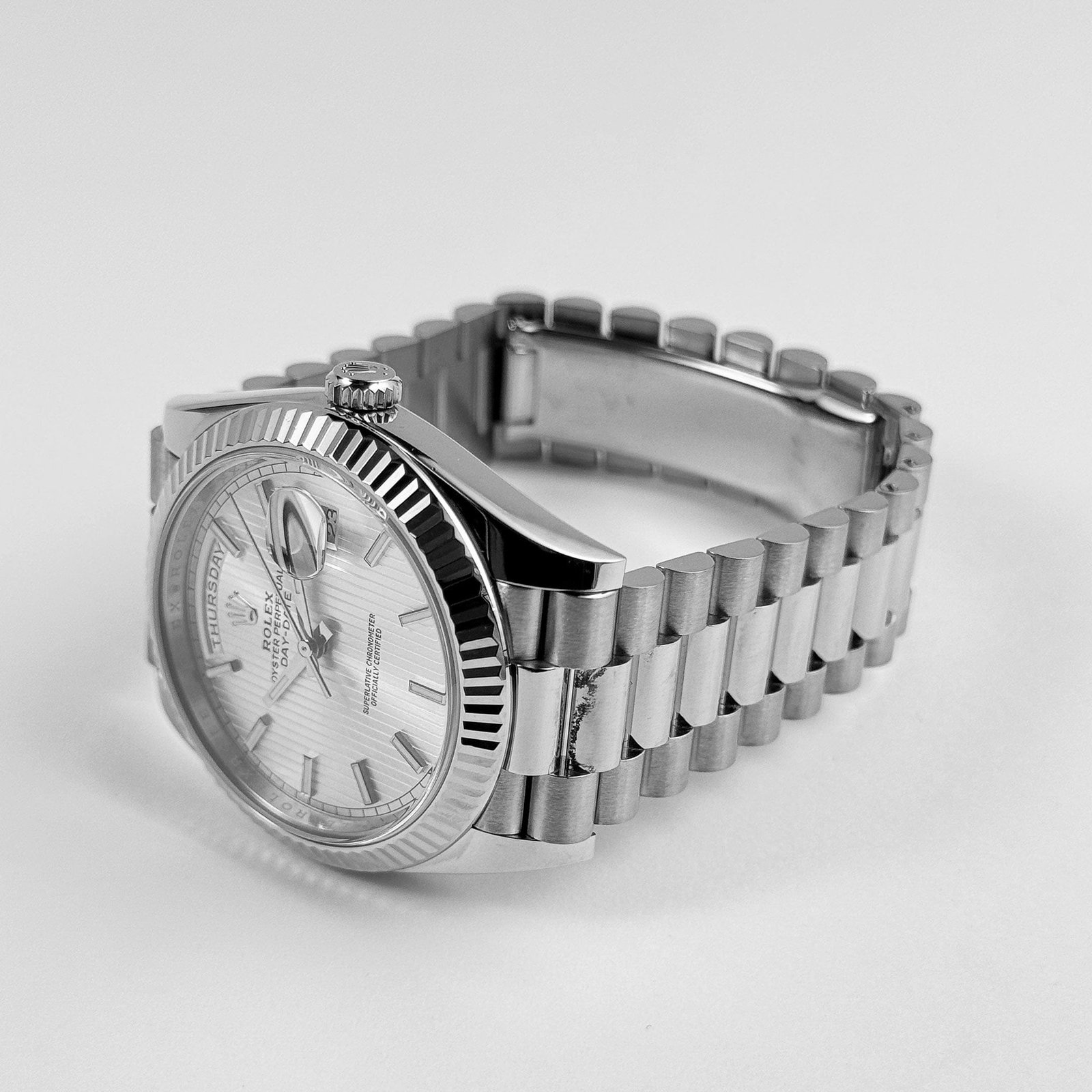 Rolex-Day Date 40 228239 White Gold Silver Stripe Motif Dial (2018) - Image 6