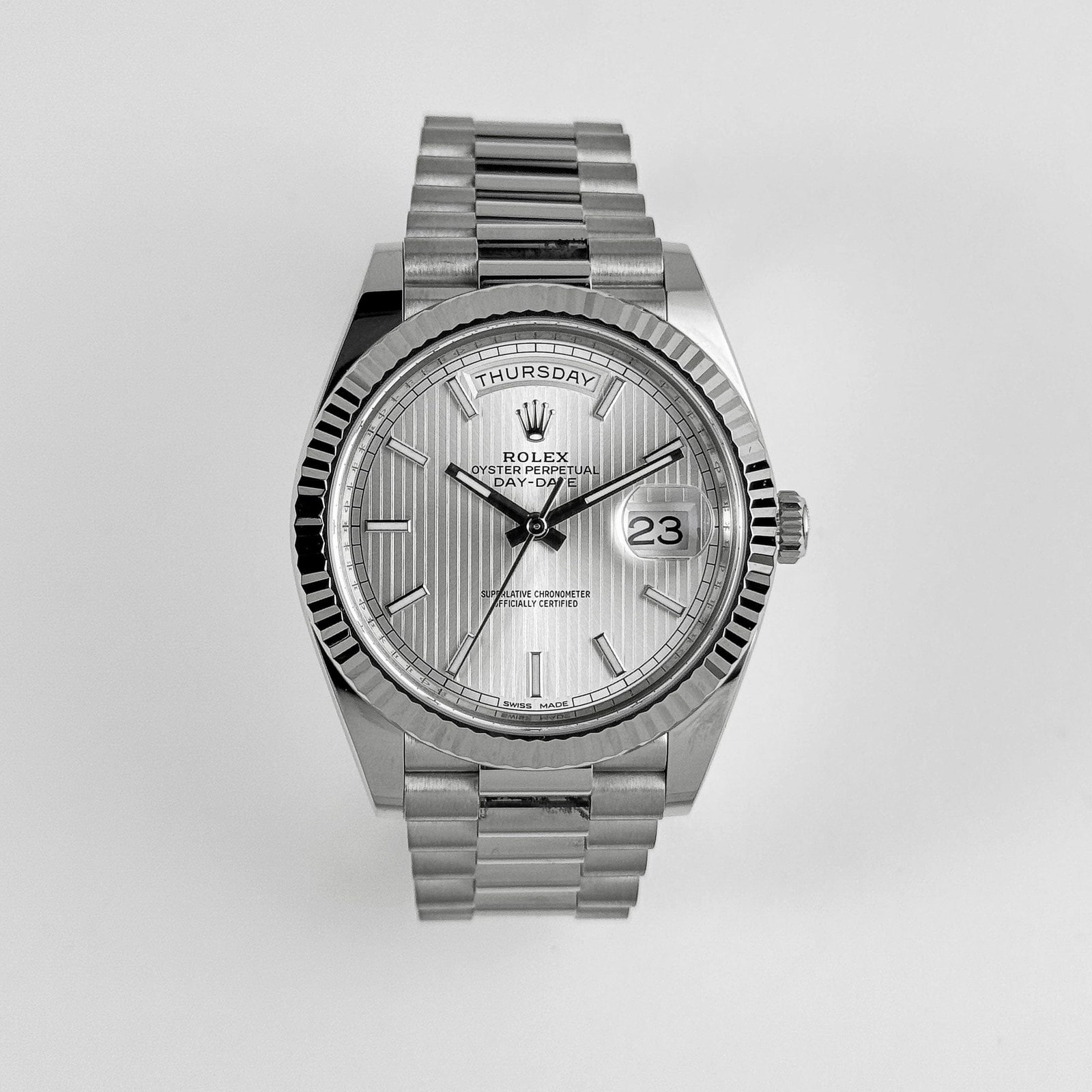Rolex-Day Date 40 228239 White Gold Silver Stripe Motif Dial (2018) - Image 4