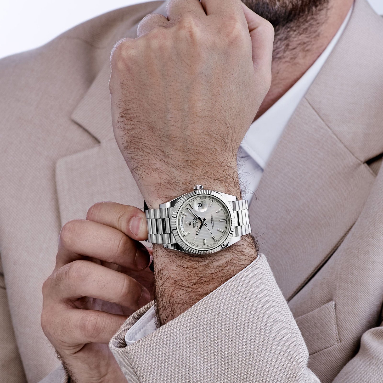 Rolex-Day Date 40 228239 White Gold Silver Stripe Motif Dial (2018) - Image 3
