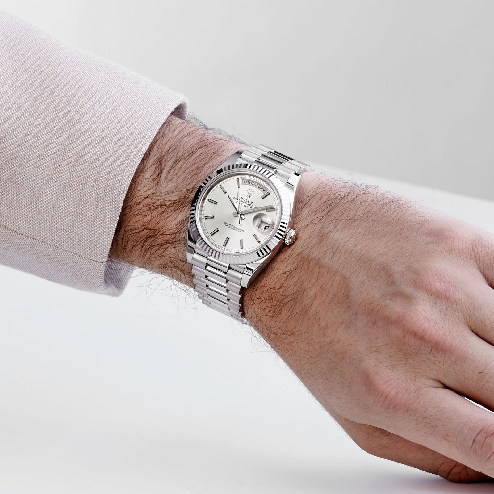 Rolex-Day Date 40 228239 White Gold Silver Stripe Motif Dial (2018) - Image 2
