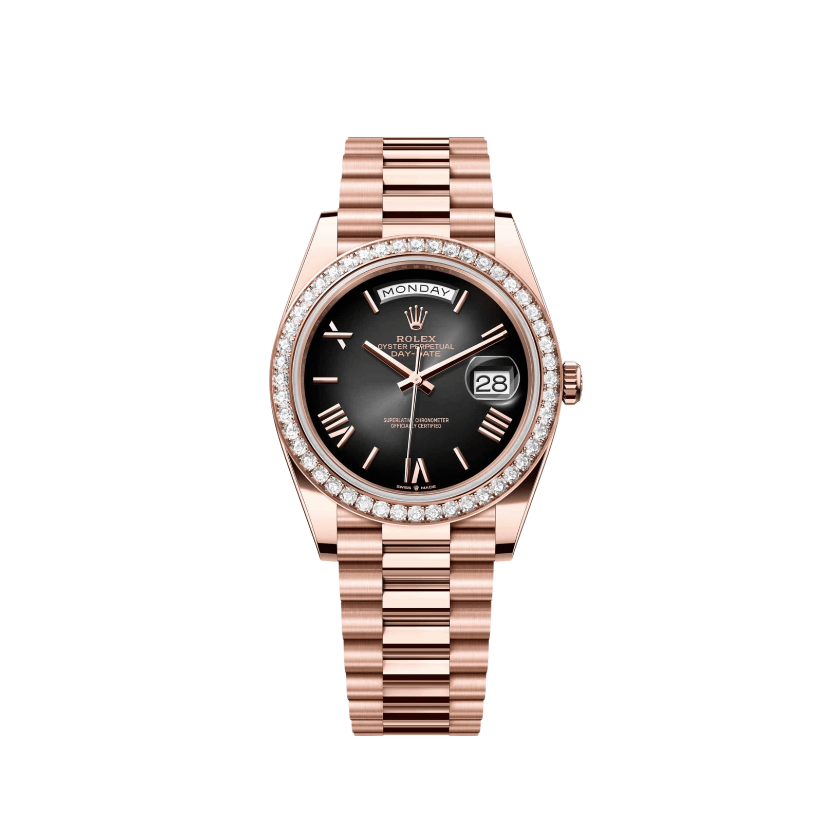 Rolex Day-Date 40 228345RBR Rose Gold Slate Ombre Roman Numerals Dial Diamond Bezel