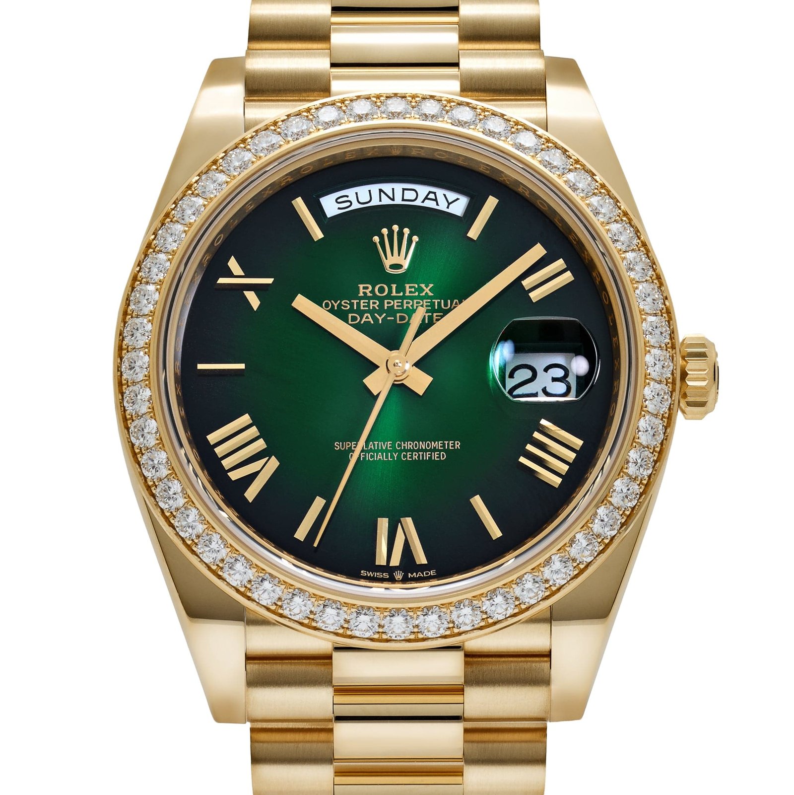 Rolex Day-Date 40 228348RBR Yellow Gold Green Ombre Roman Numeral Dial Diamond Bezel (2024) - Image 2