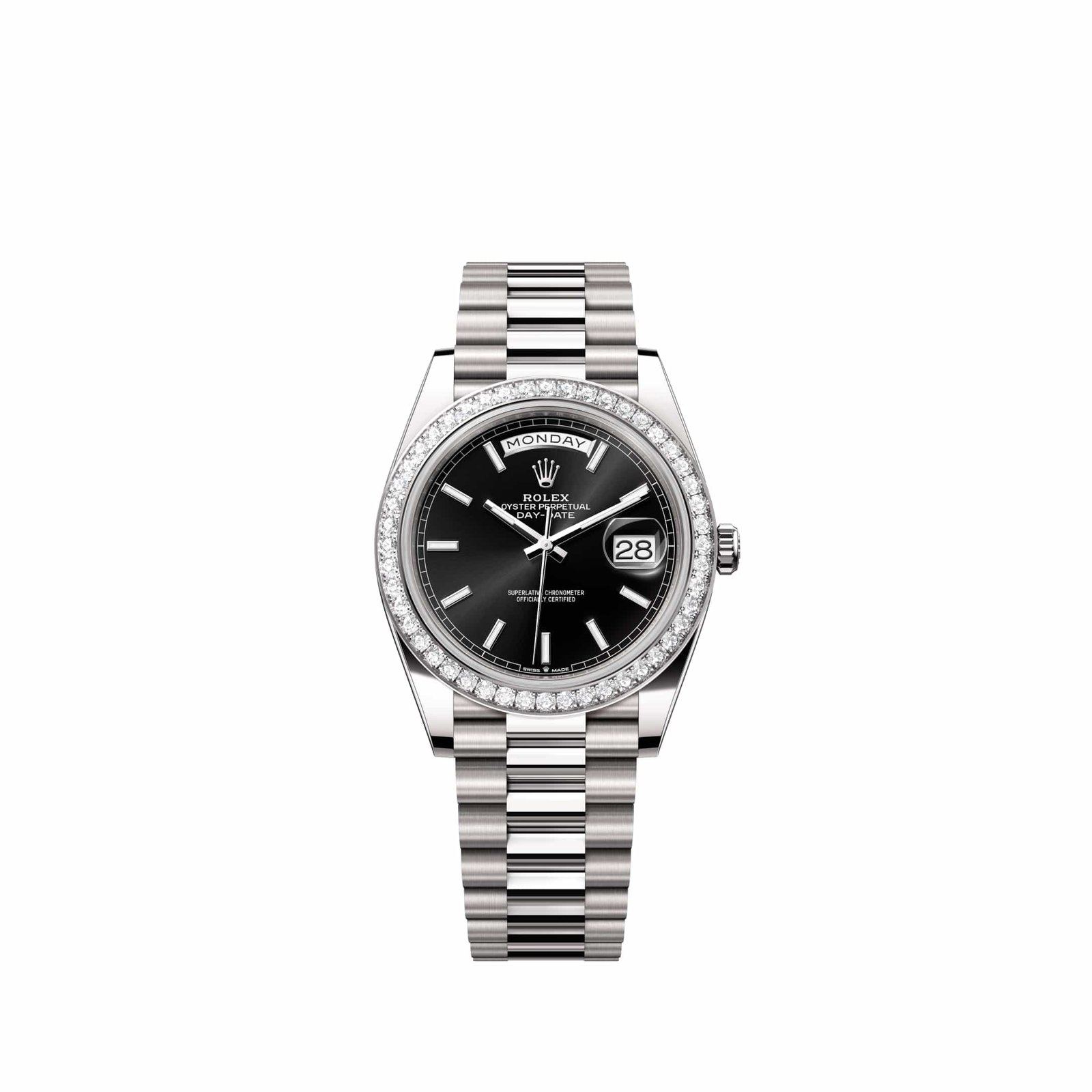 Rolex Day-Date 40 228349RBR White Gold Black Dial President Diamond Bezel (2026)