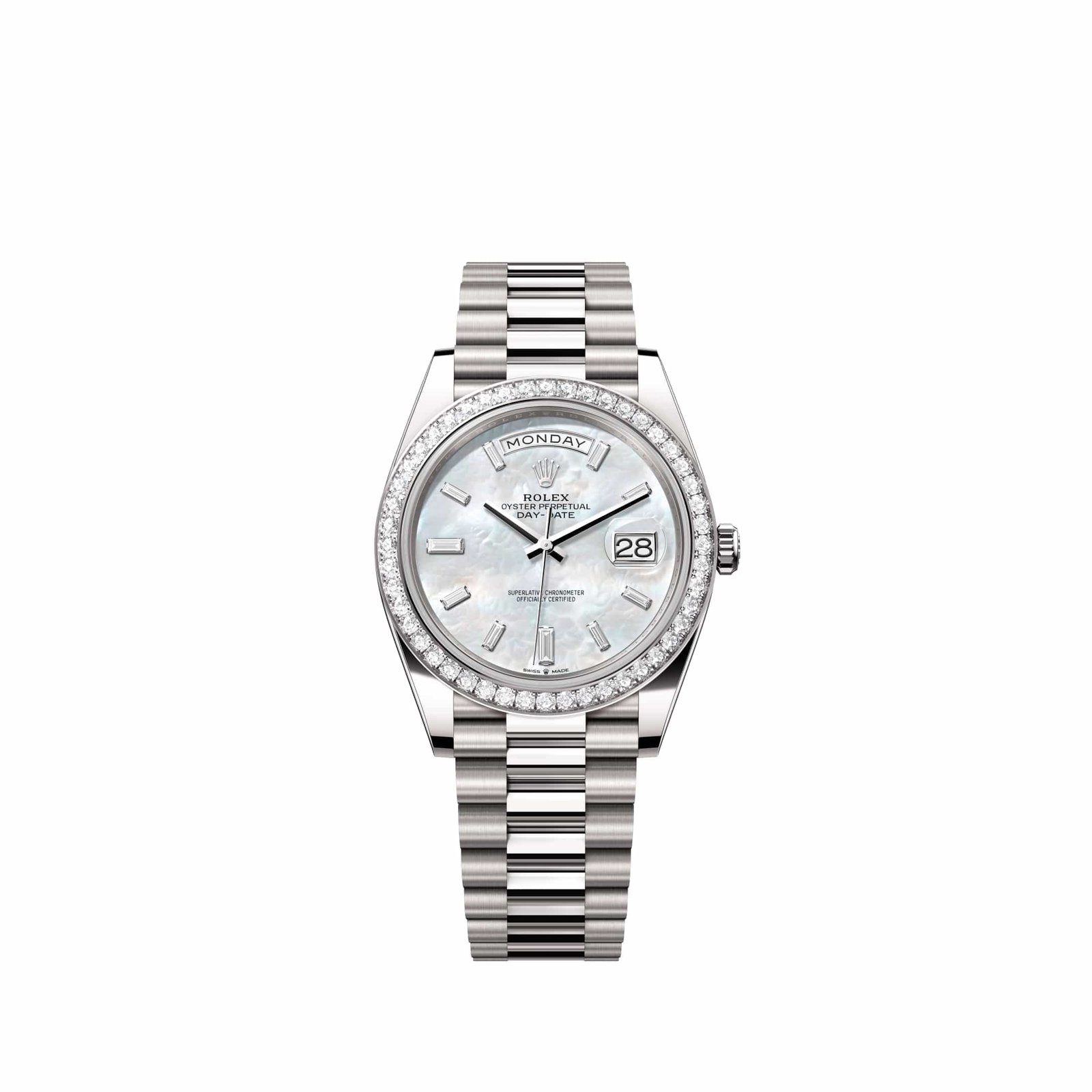 Rolex Day-Date 40 228349RBR White Gold White Mother of Pearl Diamond Dial President Diamond Bezel (2026)