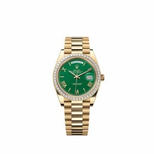Rolex Day-Date 40 228398TBR Yellow Gold Green Roman Dial President Diamond Bezel (2026)