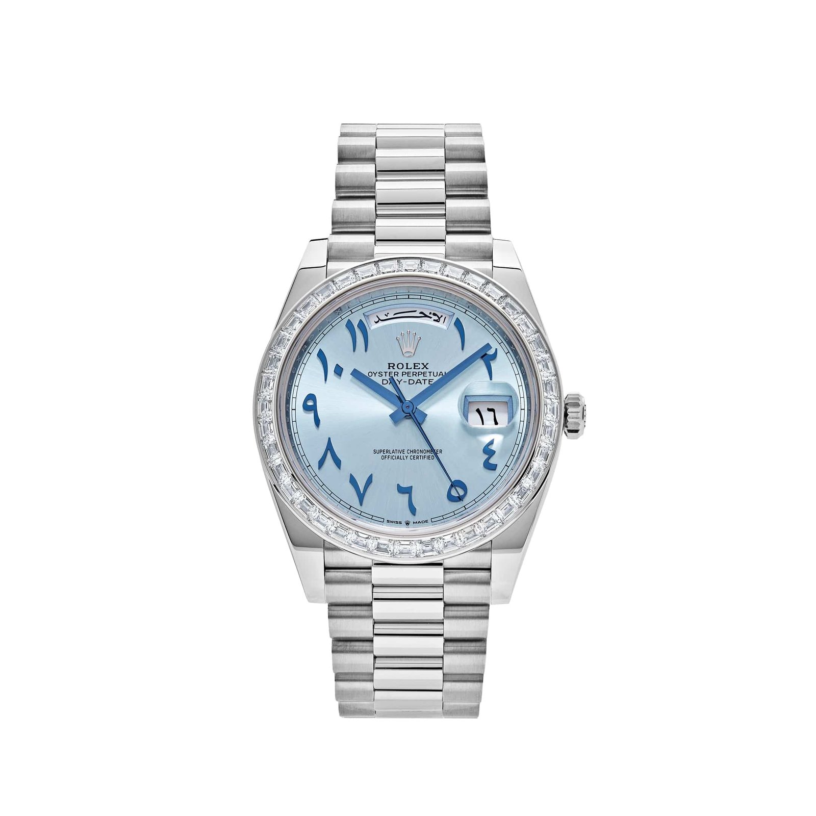 Rolex Day-Date 40 228396TBR Platinum Ice Blue Arabic Dial Diamond Bezel (2017)