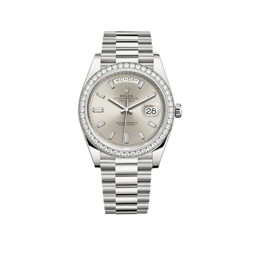 Rolex Day-Date 40 228349RBR White Gold Diamond Bezel Silver Diamond Dial