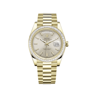 Rolex Day-Date 40 228398TBR Yellow Gold Diamond Bezel Silver Dial