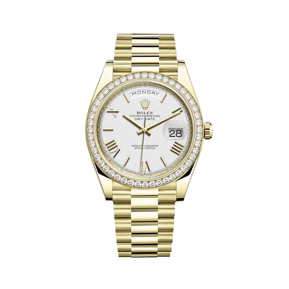 Rolex Day-Date 40 228348RBR Yellow Gold Diamond Bezel White Dial