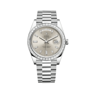 Rolex Day-Date 40 228396TBR Platinum Diamond Bezel Silver Diamond Dial
