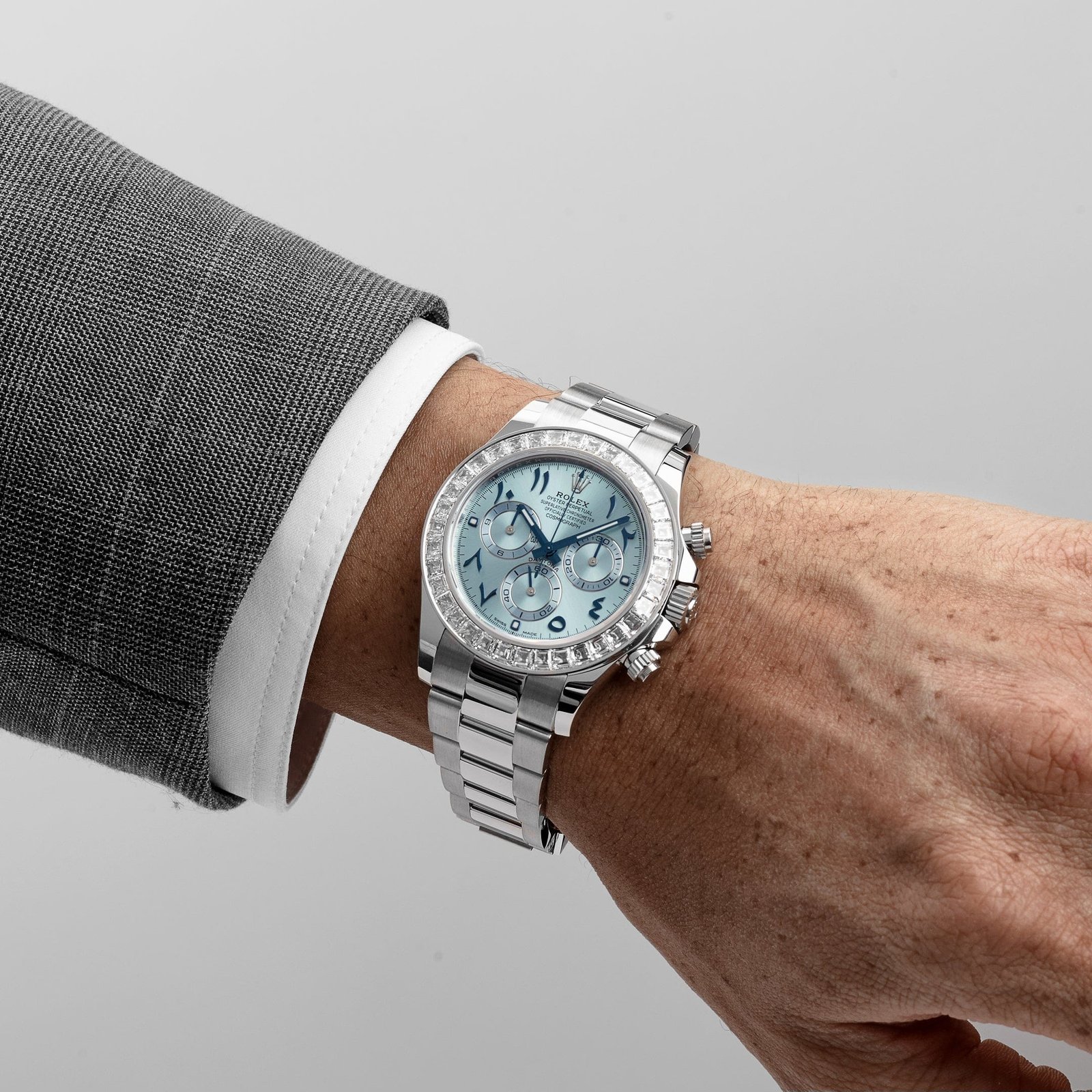 Rolex Daytona 126576TBR Platinum Ice Blue Arabic Dial Diamond Baguette Bezel (2026) - Image 2