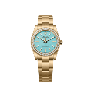 Rolex Oyster Perpetual 34 124248RBR Yellow Gold Turquoise Blue Diamond Dial Diamond Bezel (2026)